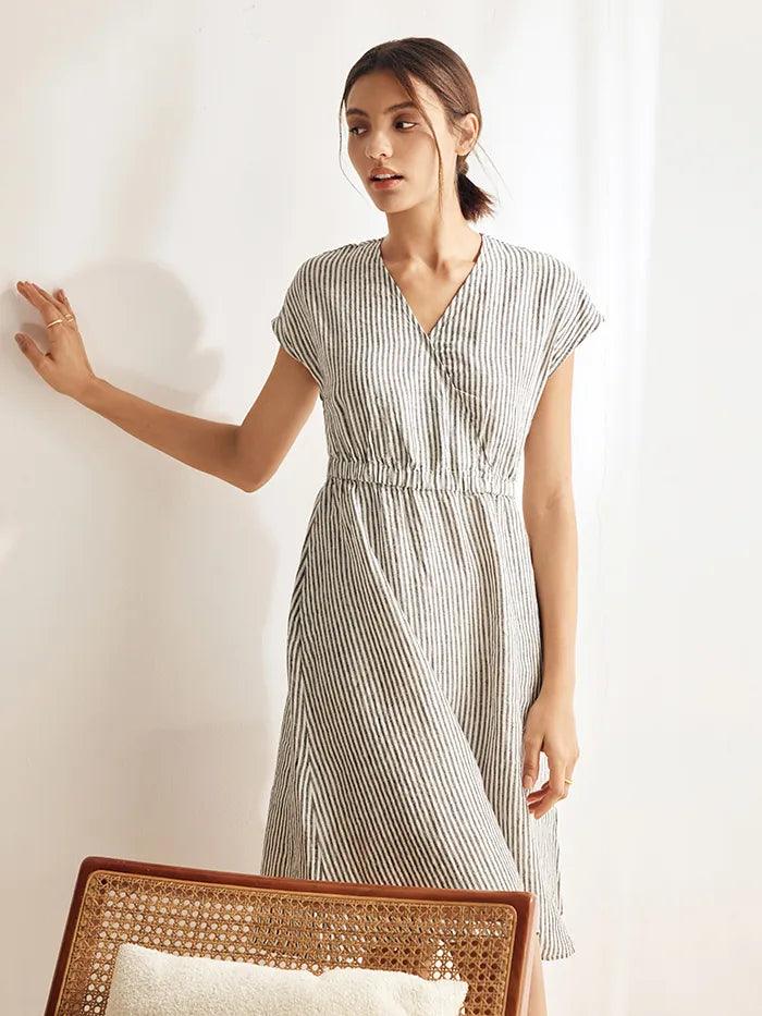 LINTICO 100% Linen Striped Elastic-Waist Midi Dress ARIA — lifestyle context