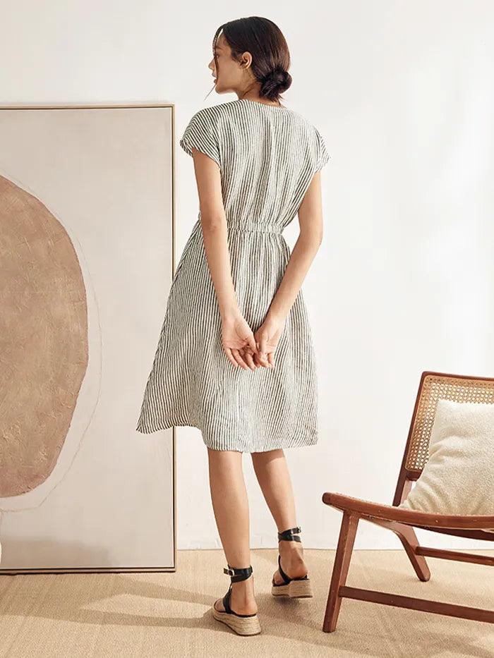 LINTICO 100% Linen Striped Elastic-Waist Midi Dress ARIA — main product shot