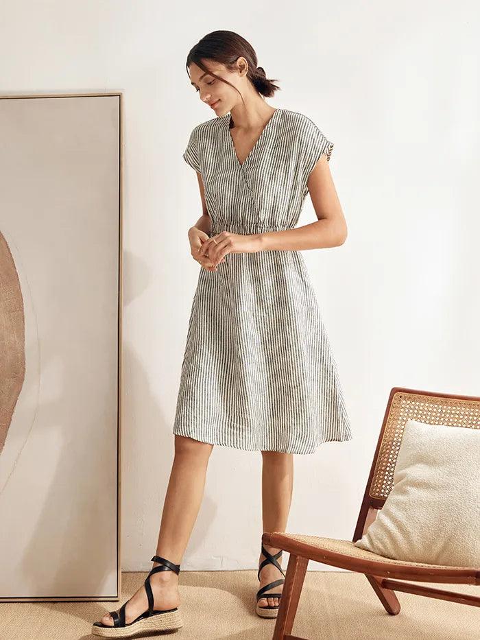 LINTICO 100% Linen Striped Elastic-Waist Midi Dress ARIA — side view