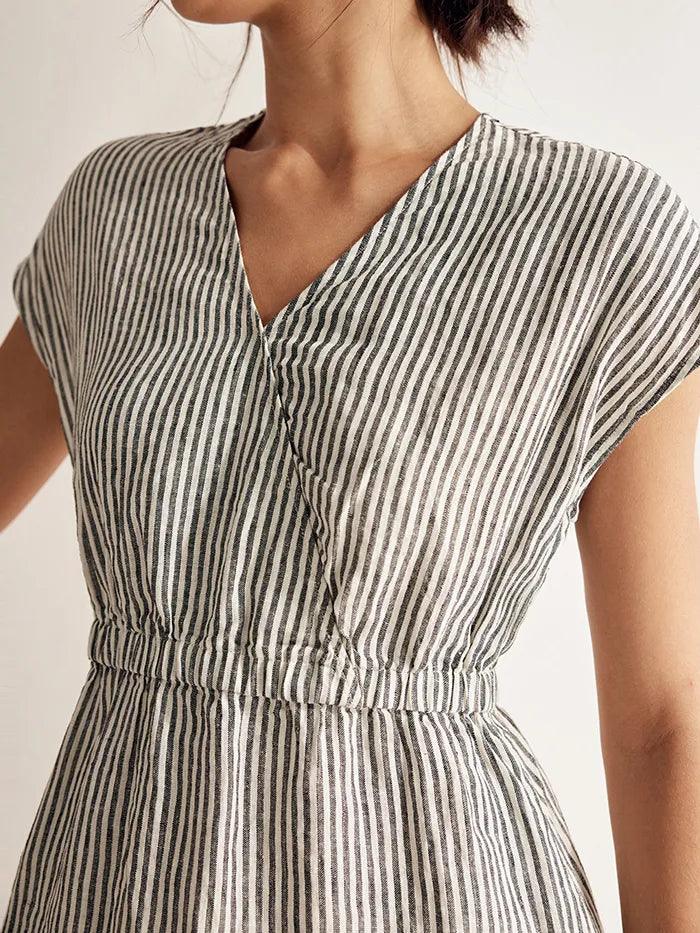 LINTICO 100% Linen Striped Elastic-Waist Midi Dress ARIA — detail shot 8