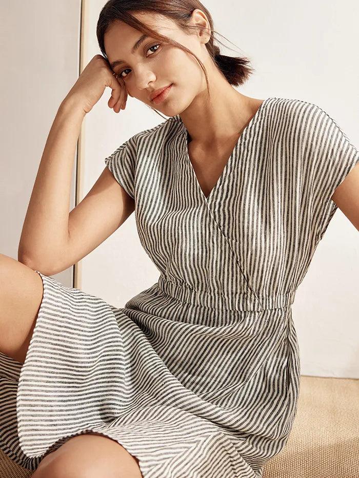 LINTICO 100% Linen Striped Elastic-Waist Midi Dress ARIA — lifestyle worn / used context