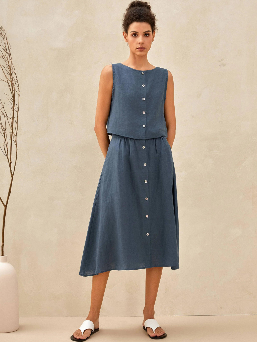 LINTICO 100% Linen Button Decorate Vest Naxi Skirts Set LUCIA — main product shot