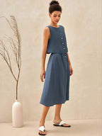 LINTICO 100% Linen Button Decorate Vest Naxi Skirts Set LUCIA — construction detail