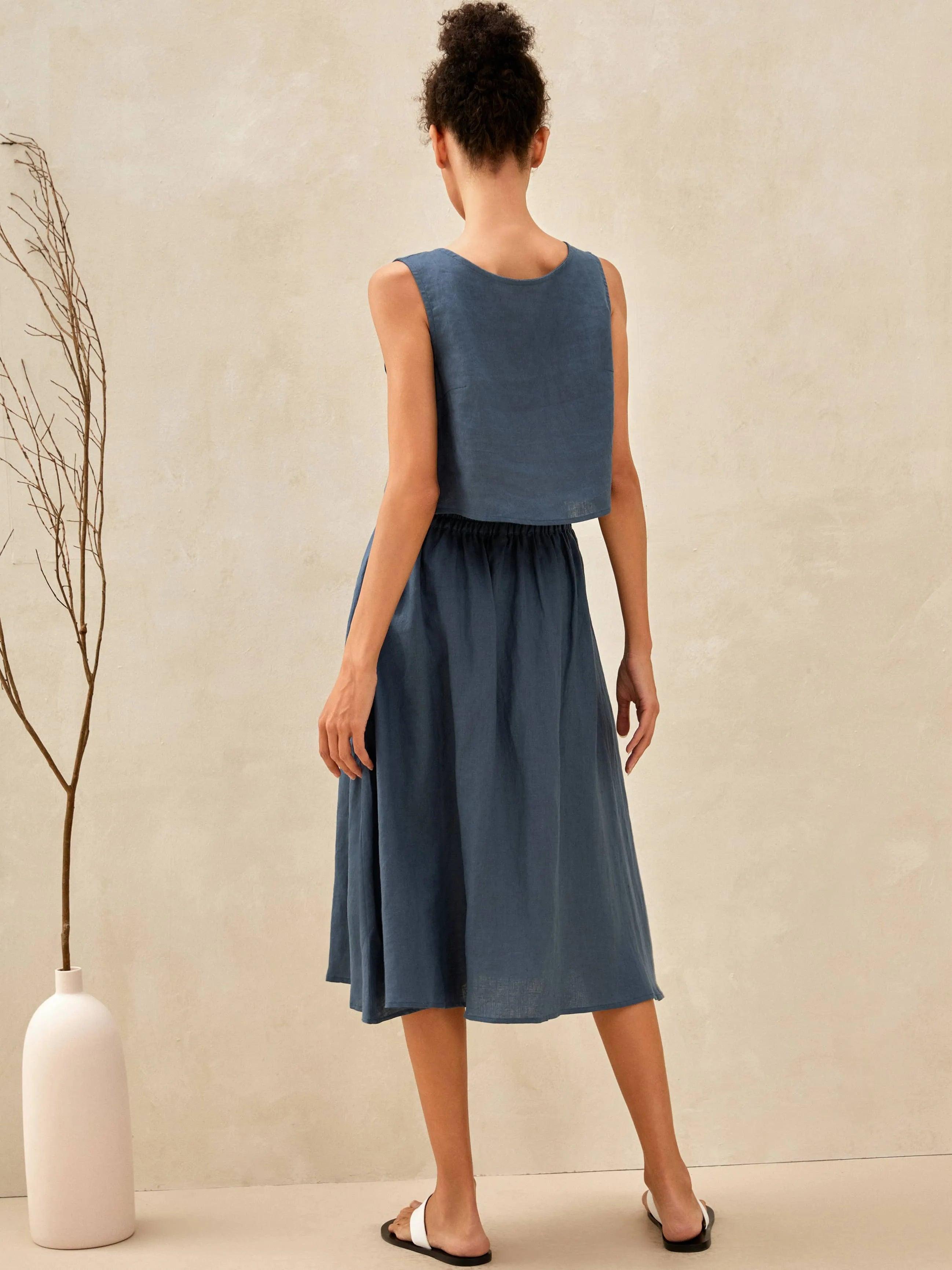 LINTICO 100% Linen Button Decorate Vest Naxi Skirts Set LUCIA — sets-skirt sets-linen category context