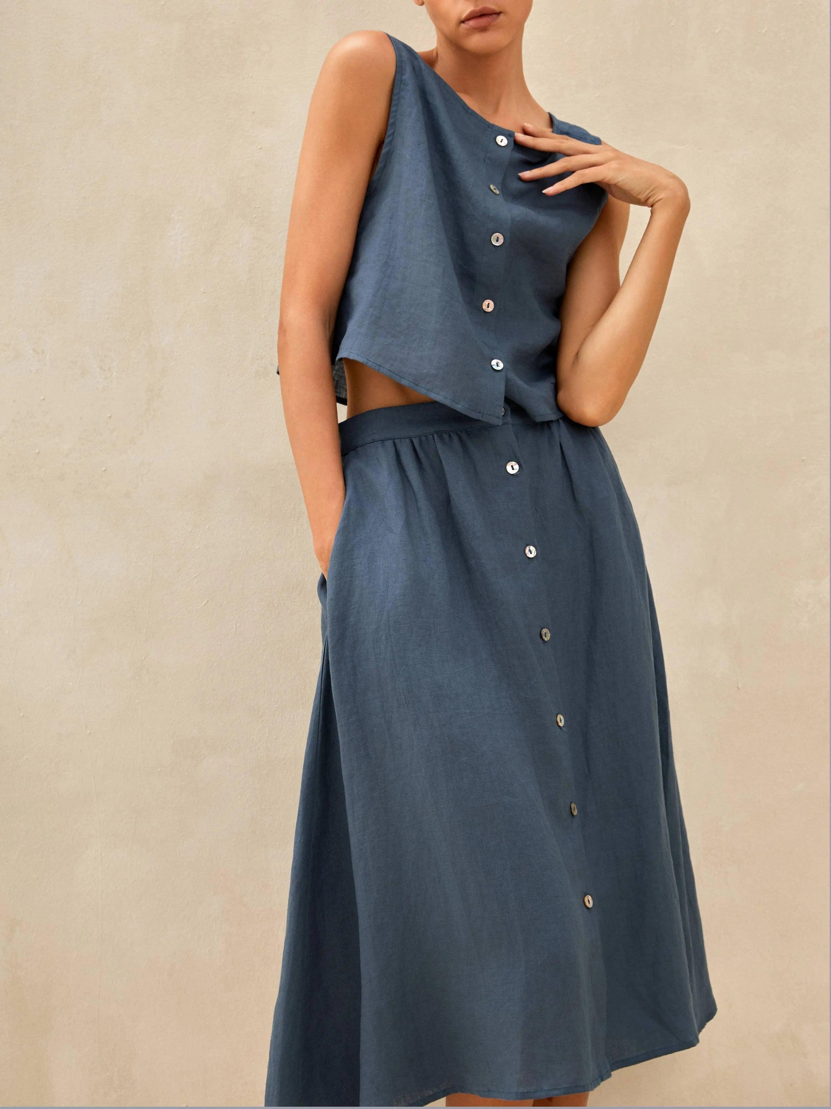 LINTICO 100% Linen Button Decorate Vest Naxi Skirts Set LUCIA — LINTICO branding close-up