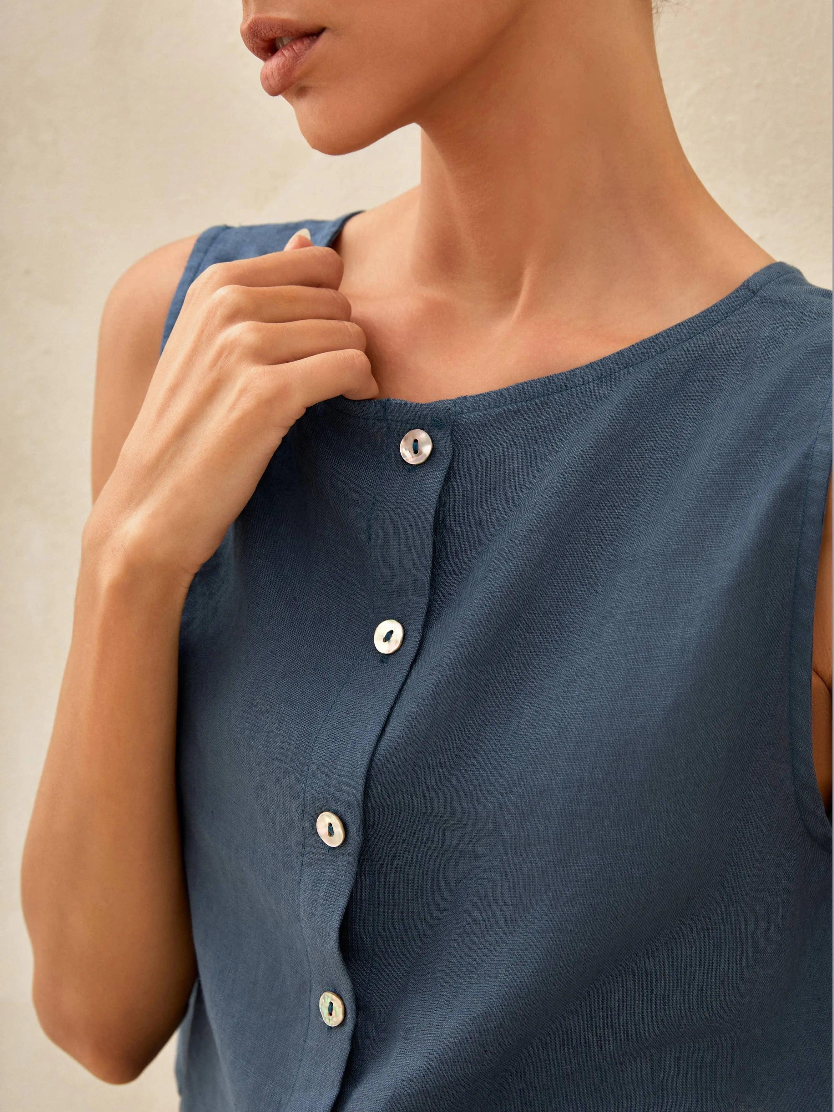 LINTICO 100% Linen Button Decorate Vest Naxi Skirts Set LUCIA — detail shot 6