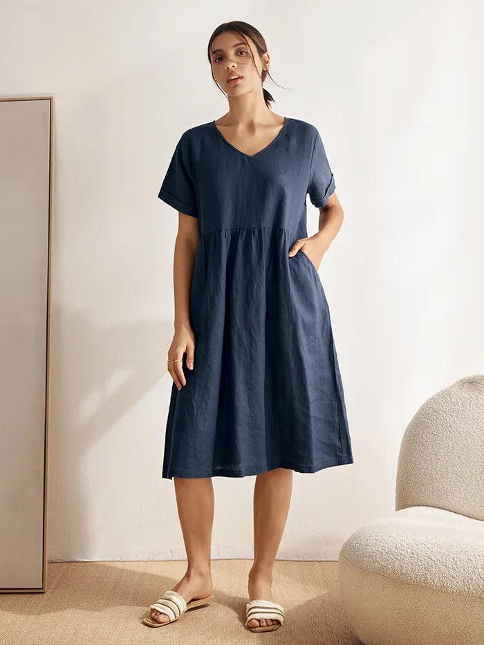 LINTICO 100% Linen V-Neck Waist Ruched Pocket Dress CHARLOTTE — lifestyle worn / used context