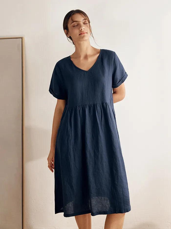 LINTICO 100% Linen V-Neck Waist Ruched Pocket Dress CHARLOTTE — construction detail