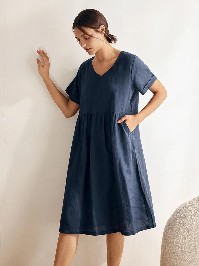 LINTICO 100% Linen V-Neck Waist Ruched Pocket Dress CHARLOTTE — main product shot