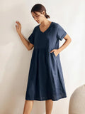 LINTICO 100% Linen V-Neck Waist Ruched Pocket Dress CHARLOTTE — main product shot
