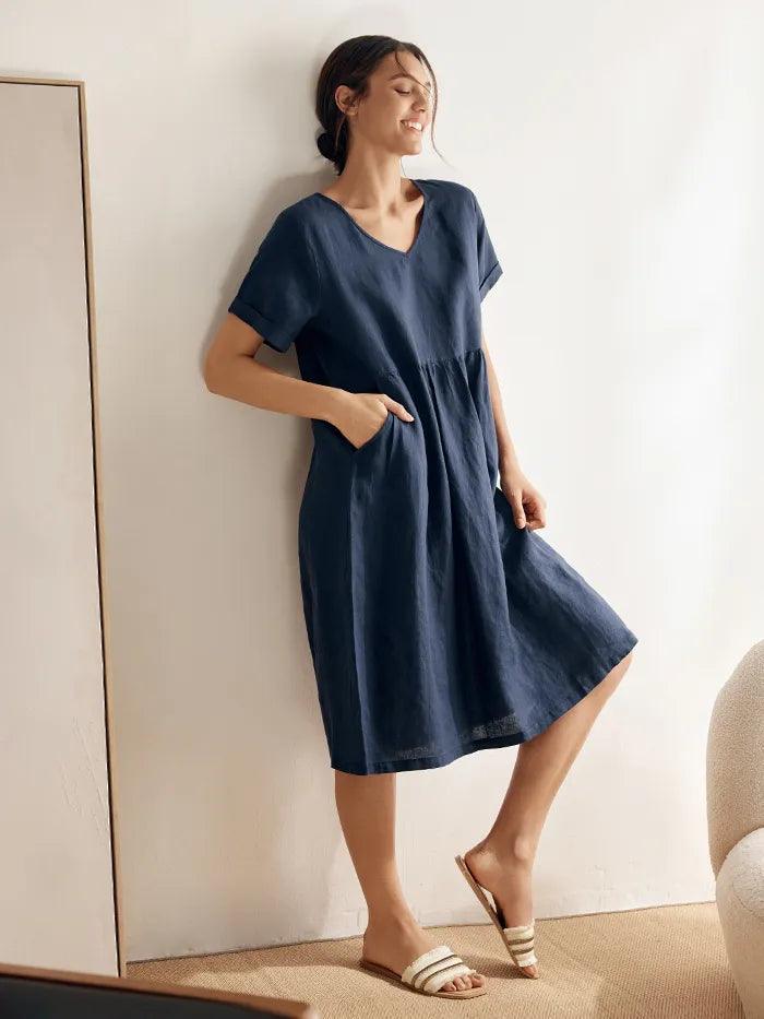LINTICO 100% Linen V-Neck Waist Ruched Pocket Dress CHARLOTTE — LINTICO branding close-up