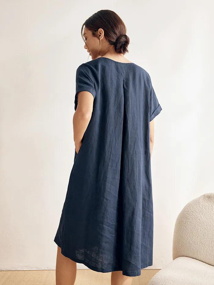LINTICO 100% Linen V-Neck Waist Ruched Pocket Dress CHARLOTTE — dresses-midi dresses-linen category context