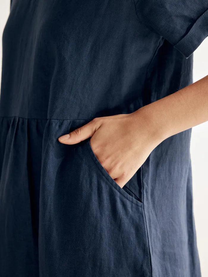 LINTICO 100% Linen V-Neck Waist Ruched Pocket Dress CHARLOTTE — detail shot 6