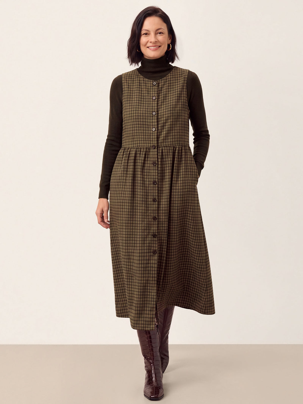 100% Cotton Yarn Dyed Check Gathered Waist Sleeveless Midi Dress CASSARA