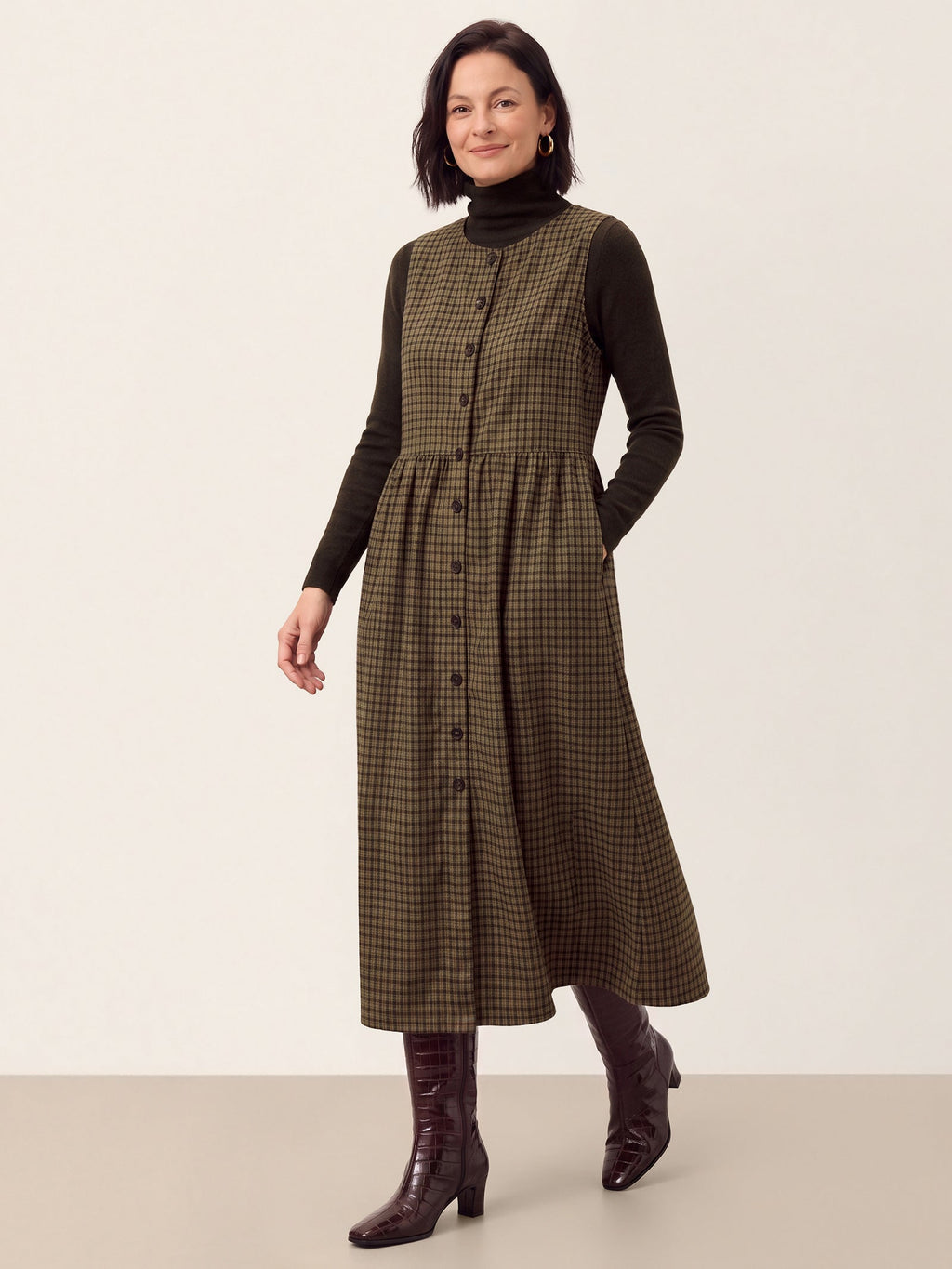 100% Cotton Yarn Dyed Check Gathered Waist Sleeveless Midi Dress CASSARA