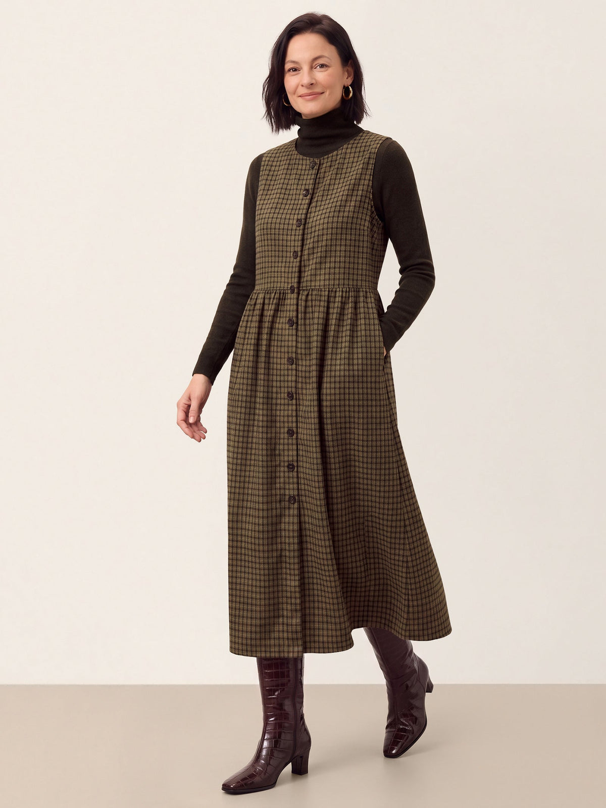 100% Cotton Yarn Dyed Check Gathered Waist Sleeveless Midi Dress CASSARA
