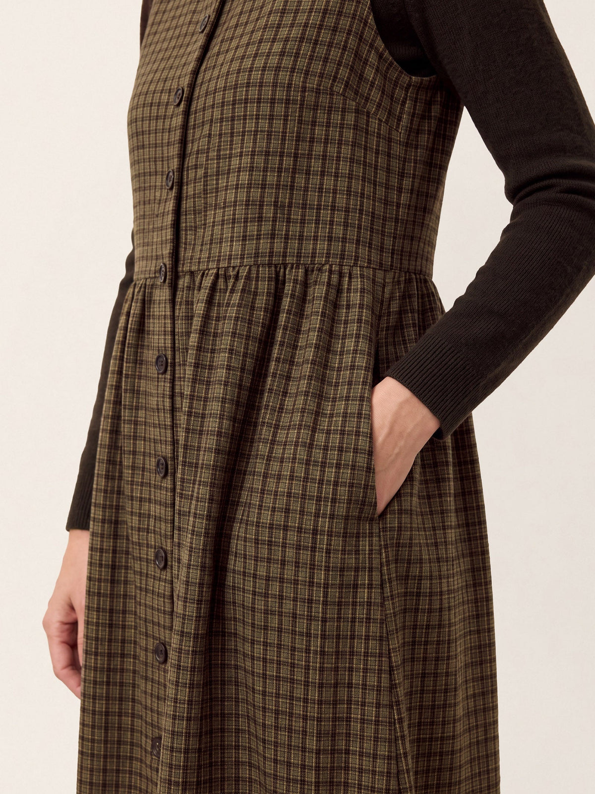 100% Cotton Yarn Dyed Check Gathered Waist Sleeveless Midi Dress CASSARA