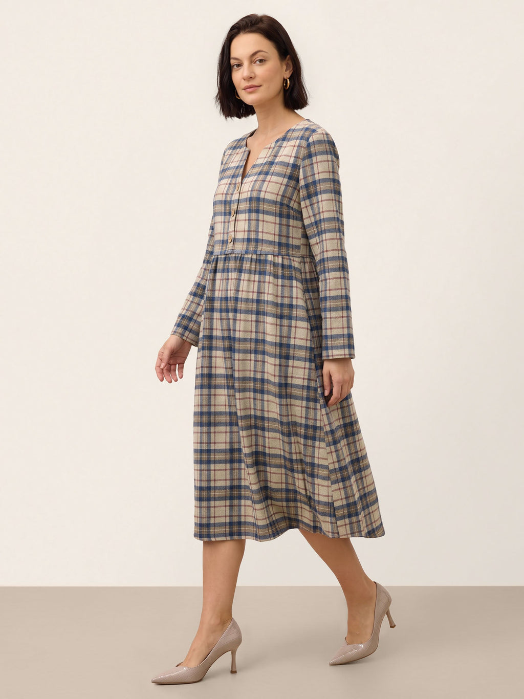 100% Cotton Yarn Dyed Check Split Neck Gathered Waist Midi Dress VIONA