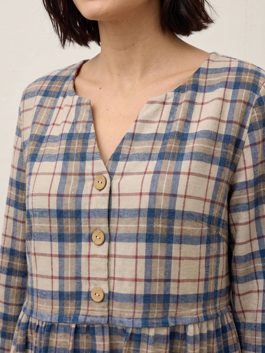100% Cotton Yarn Dyed Check Split Neck Gathered Waist Midi Dress VIONA