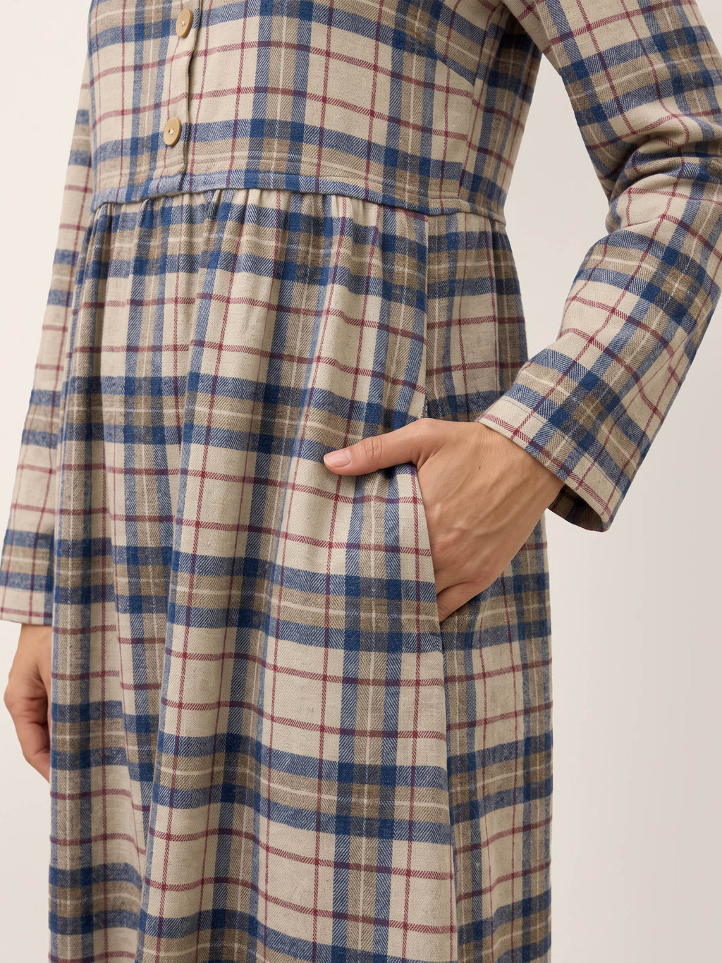 100% Cotton Yarn Dyed Check Split Neck Gathered Waist Midi Dress VIONA