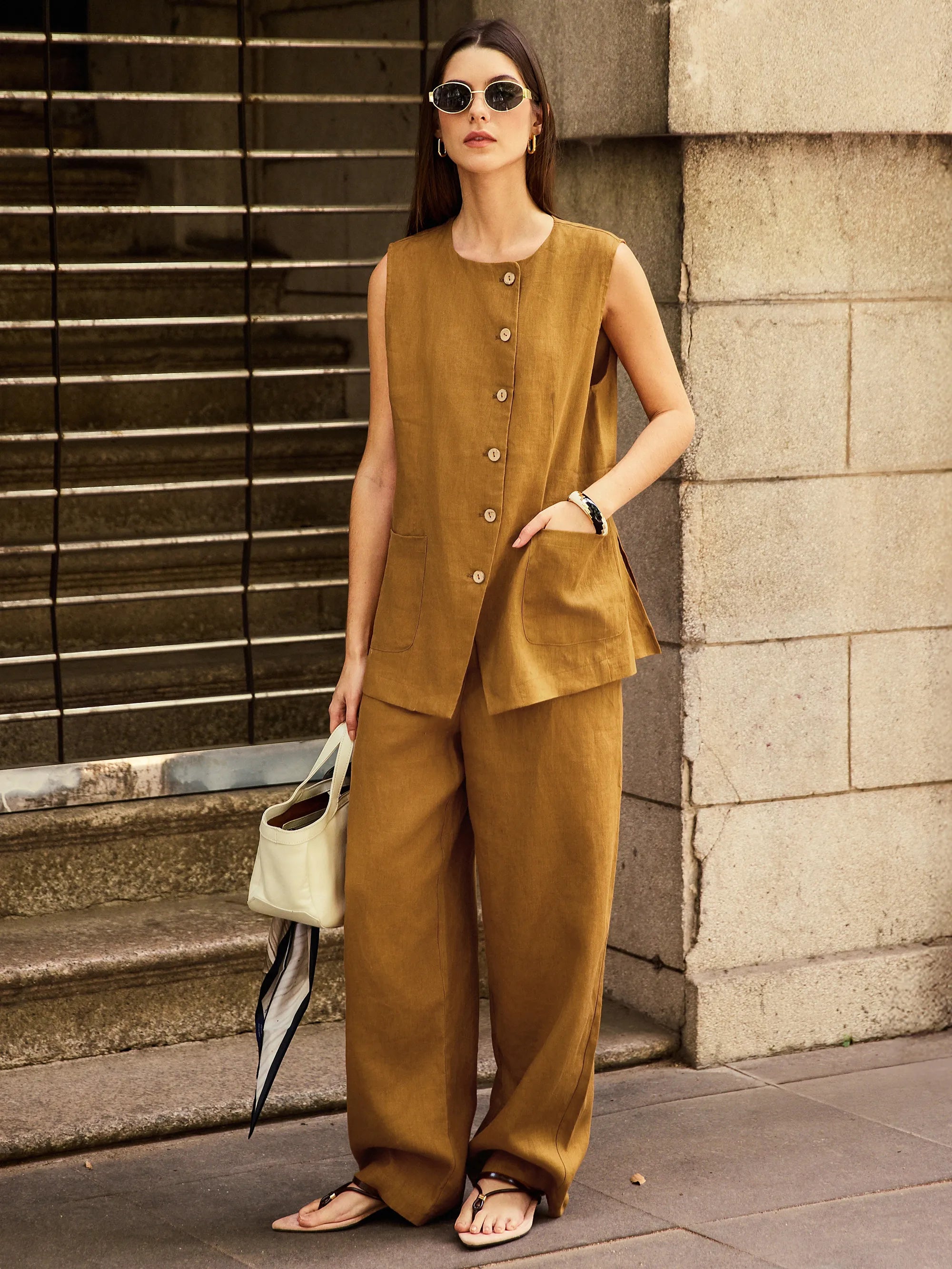 LINTICO 100% Linen Arc-Placket Button-Front Vest ELFRIDA — outerwear-vests-linen category context