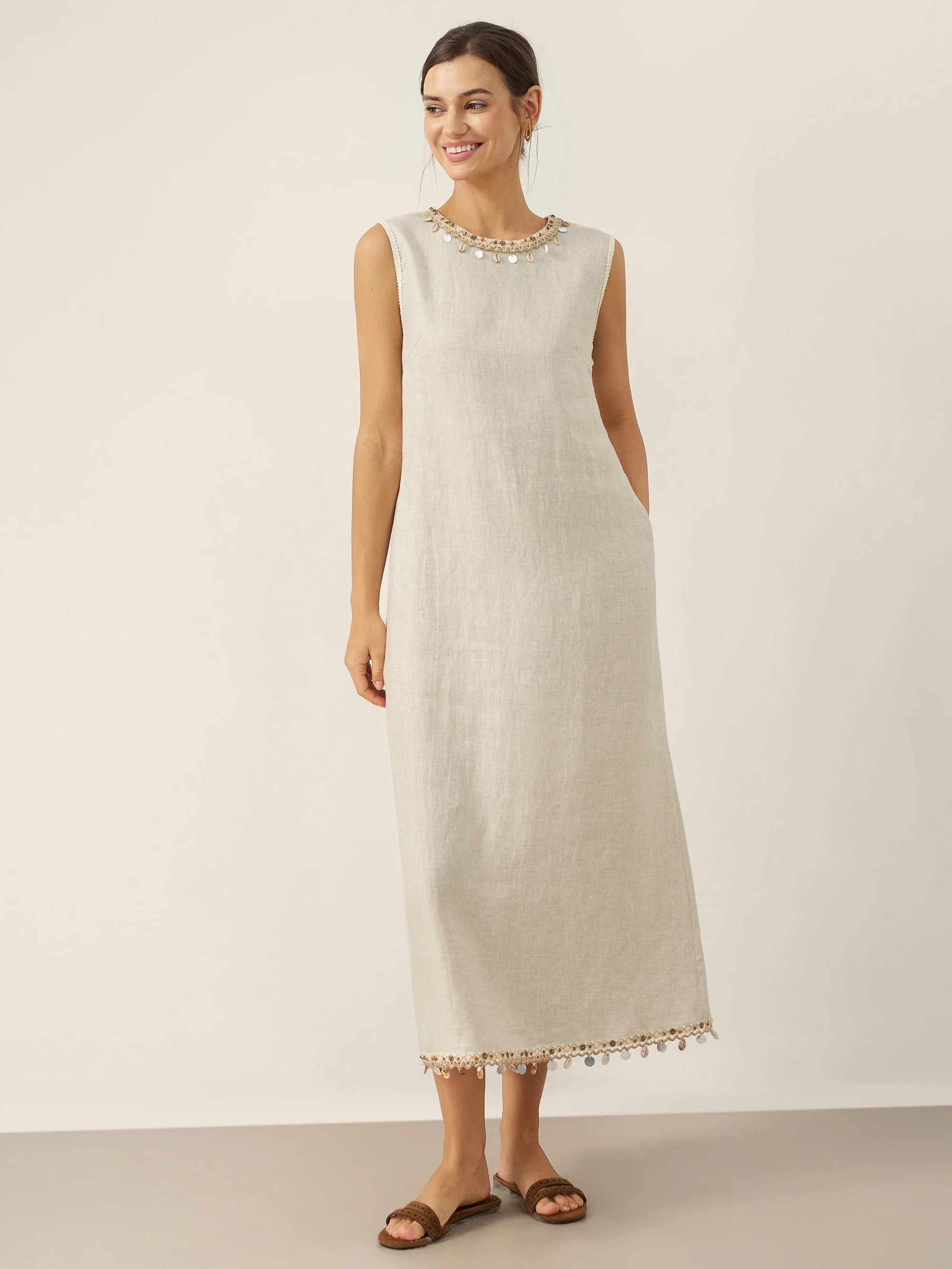 LINTICO 100% Linen Beaded Crew Neck Maxi Dress with Belt BELLA — detail shot 6