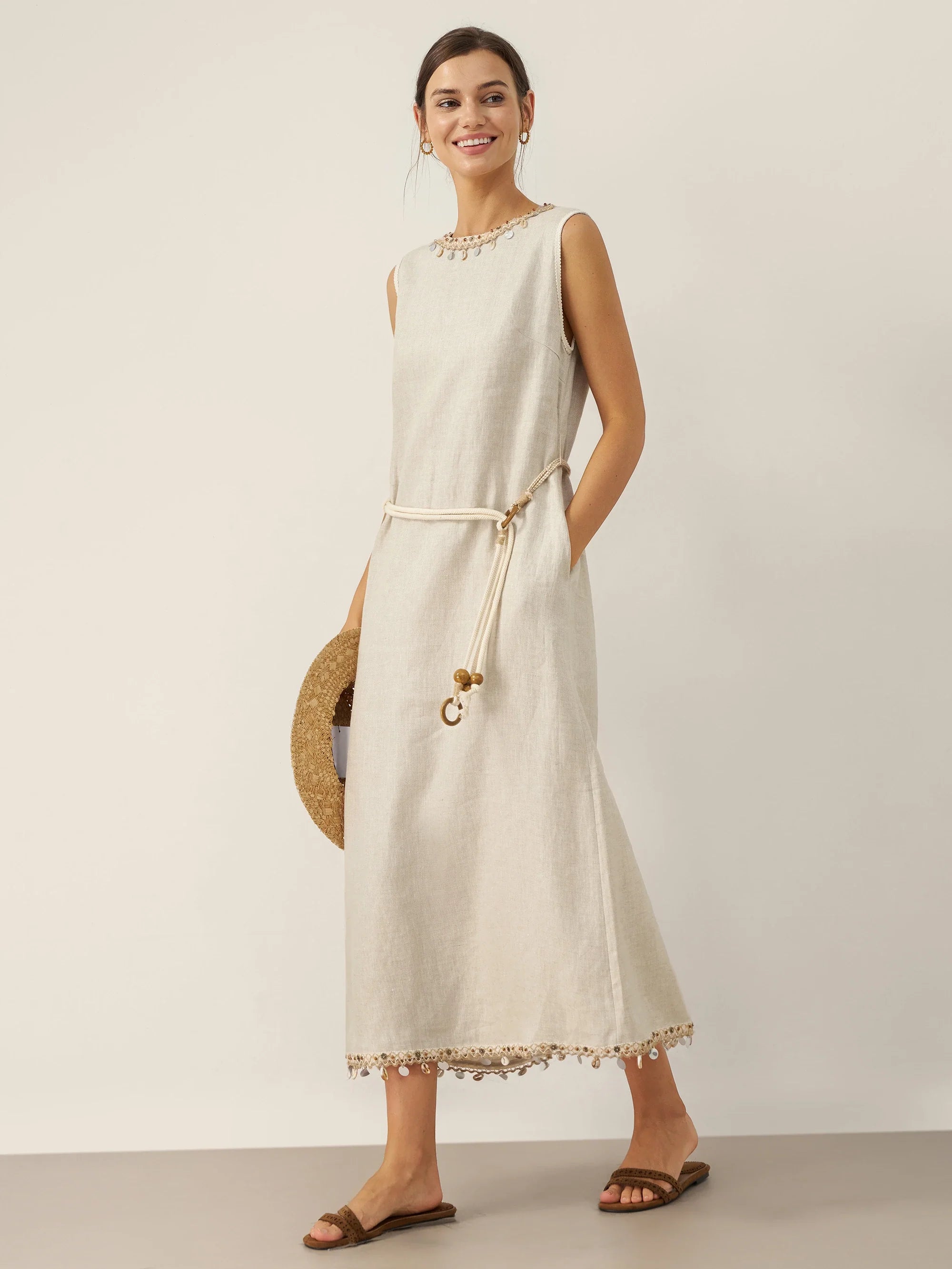 LINTICO 100% Linen Beaded Crew Neck Maxi Dress with Belt BELLA — detail shot 7