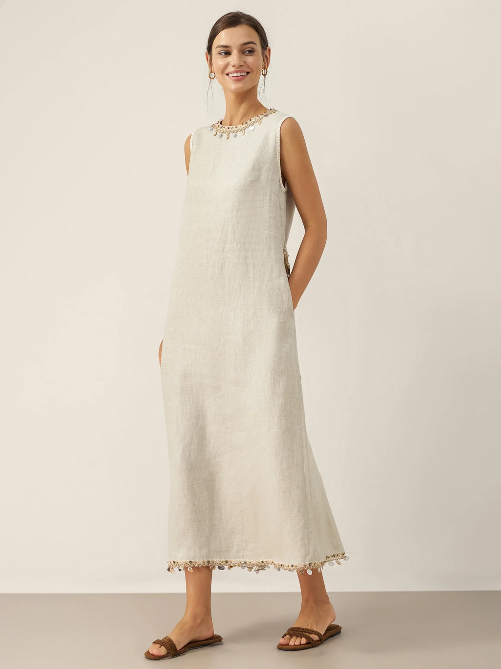 LINTICO 100% Linen Beaded Crew Neck Maxi Dress with Belt BELLA — lifestyle worn / used context