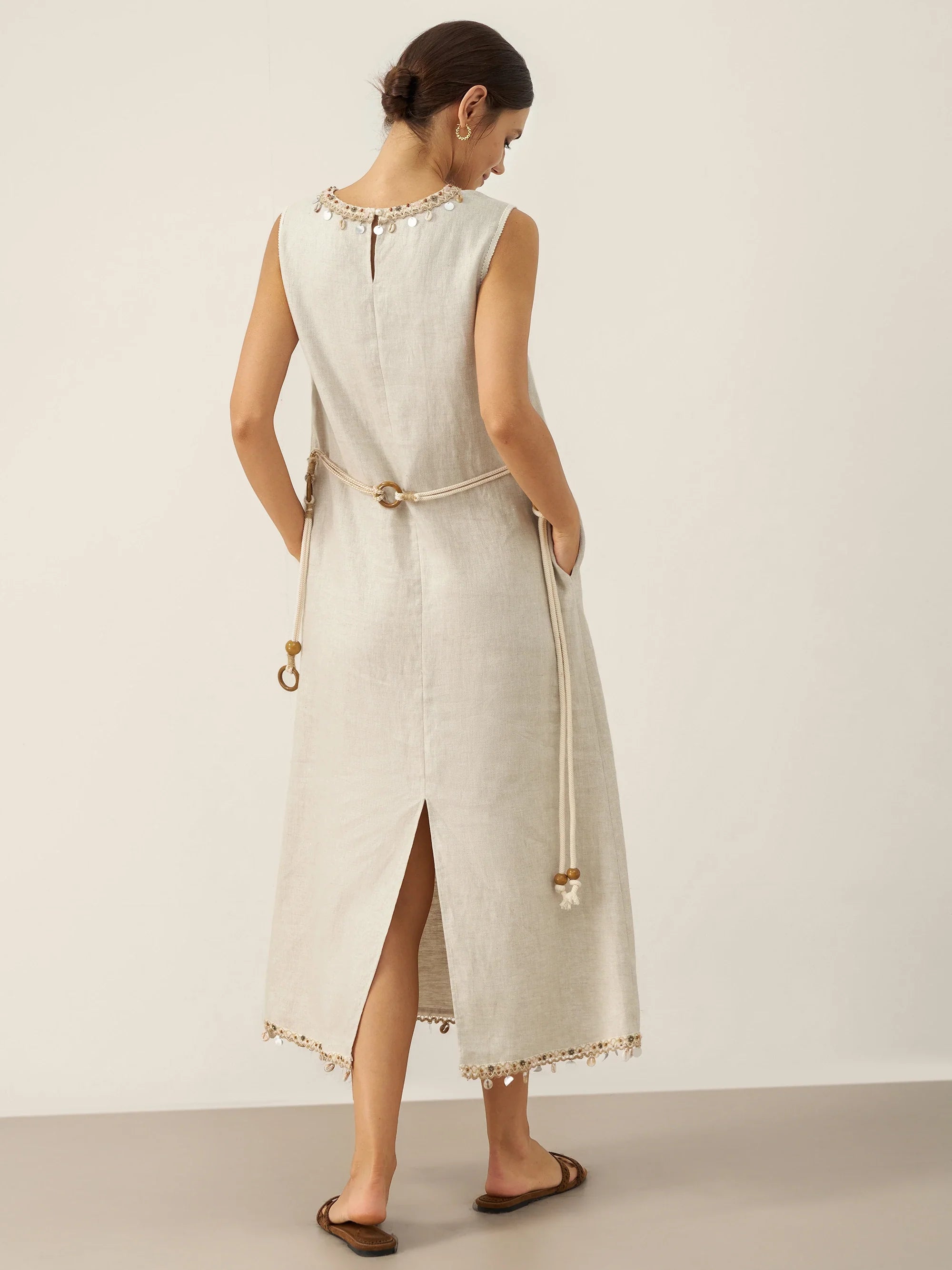 LINTICO 100% Linen Beaded Crew Neck Maxi Dress with Belt BELLA — LINTICO branding close-up