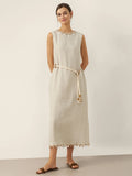 LINTICO 100% Linen Beaded Crew Neck Maxi Dress with Belt BELLA — main product shot