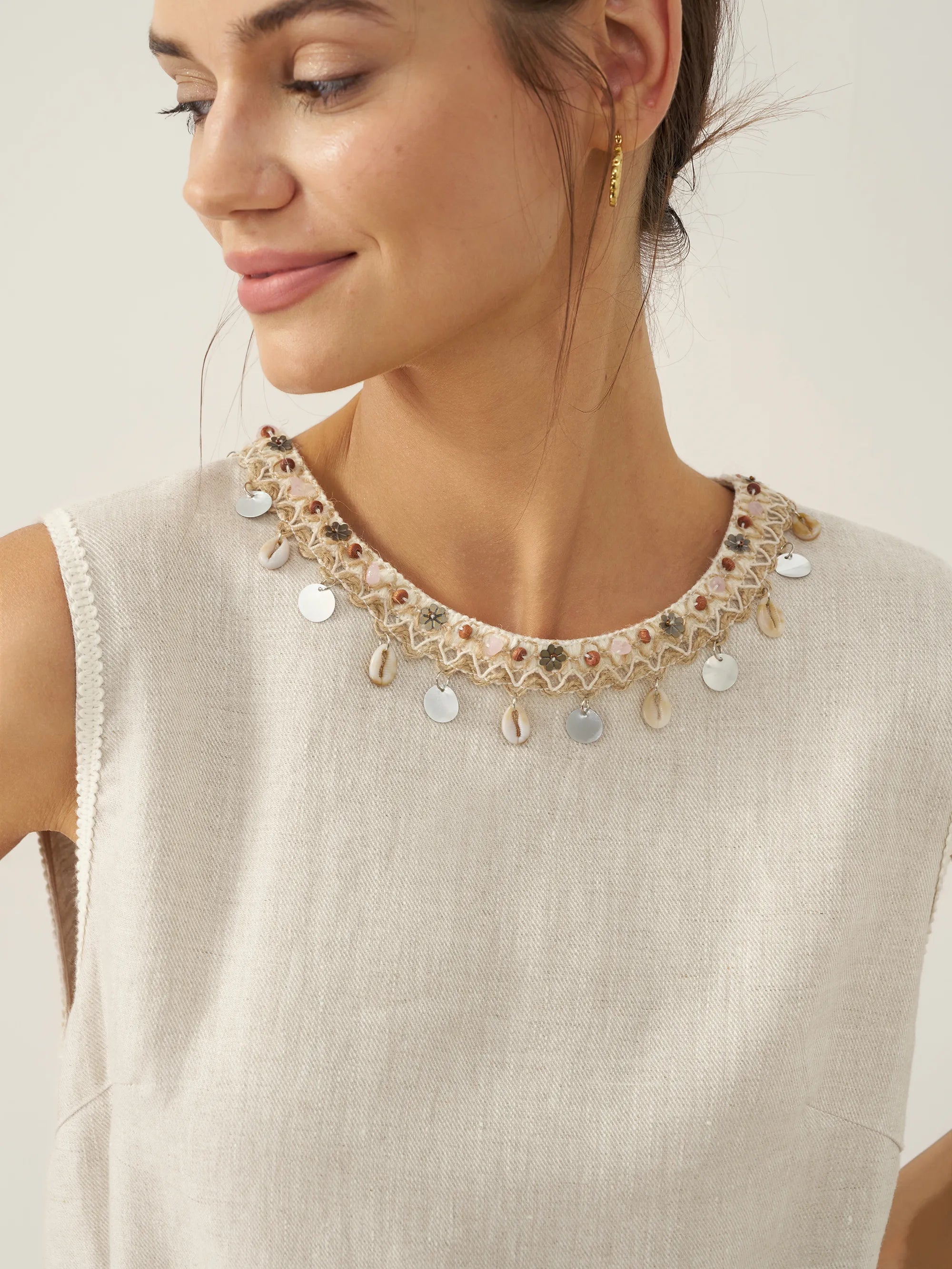 LINTICO 100% Linen Beaded Crew Neck Maxi Dress with Belt BELLA — detail shot 8
