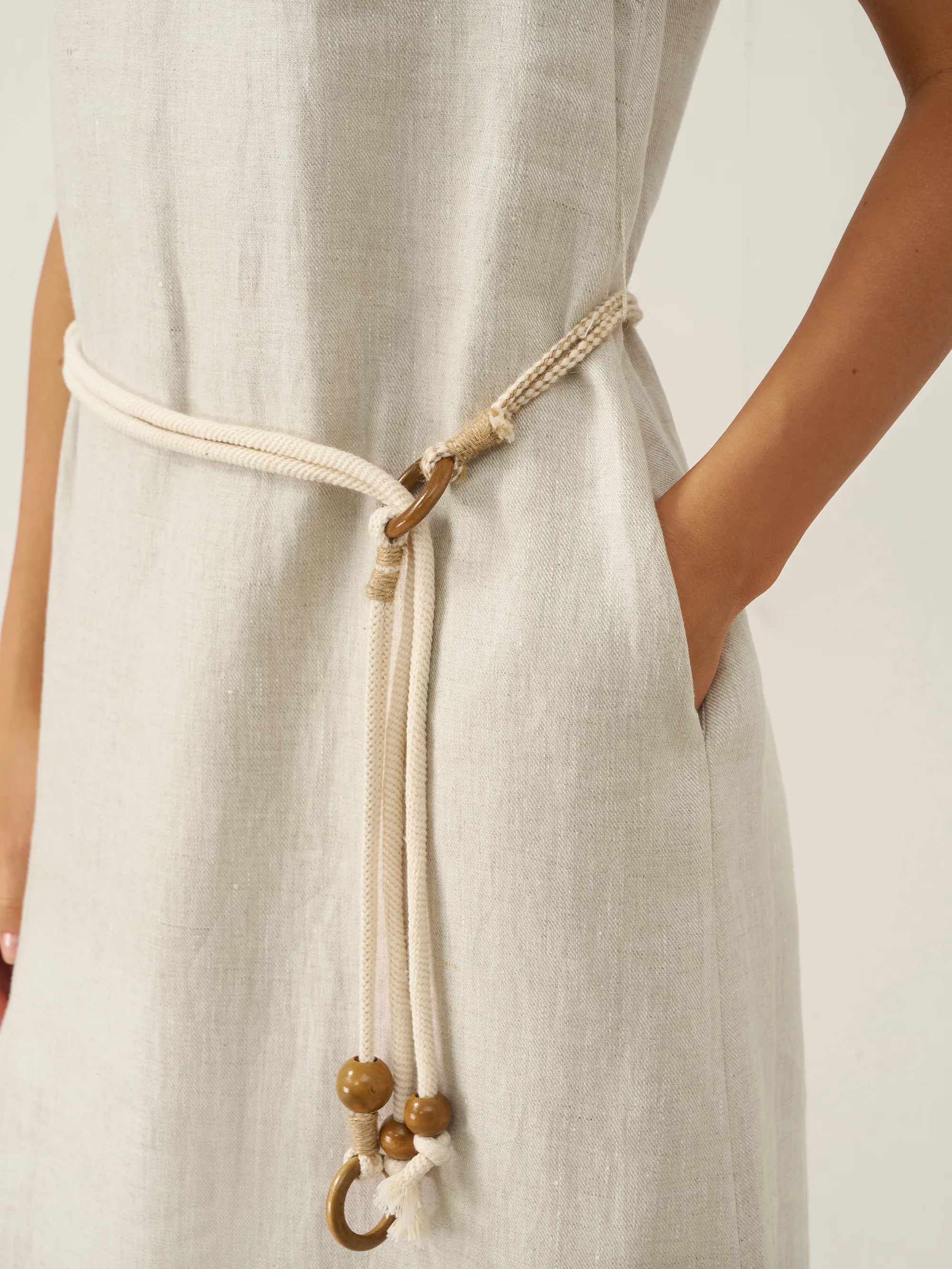 LINTICO 100% Linen Beaded Crew Neck Maxi Dress with Belt BELLA — detail shot 9