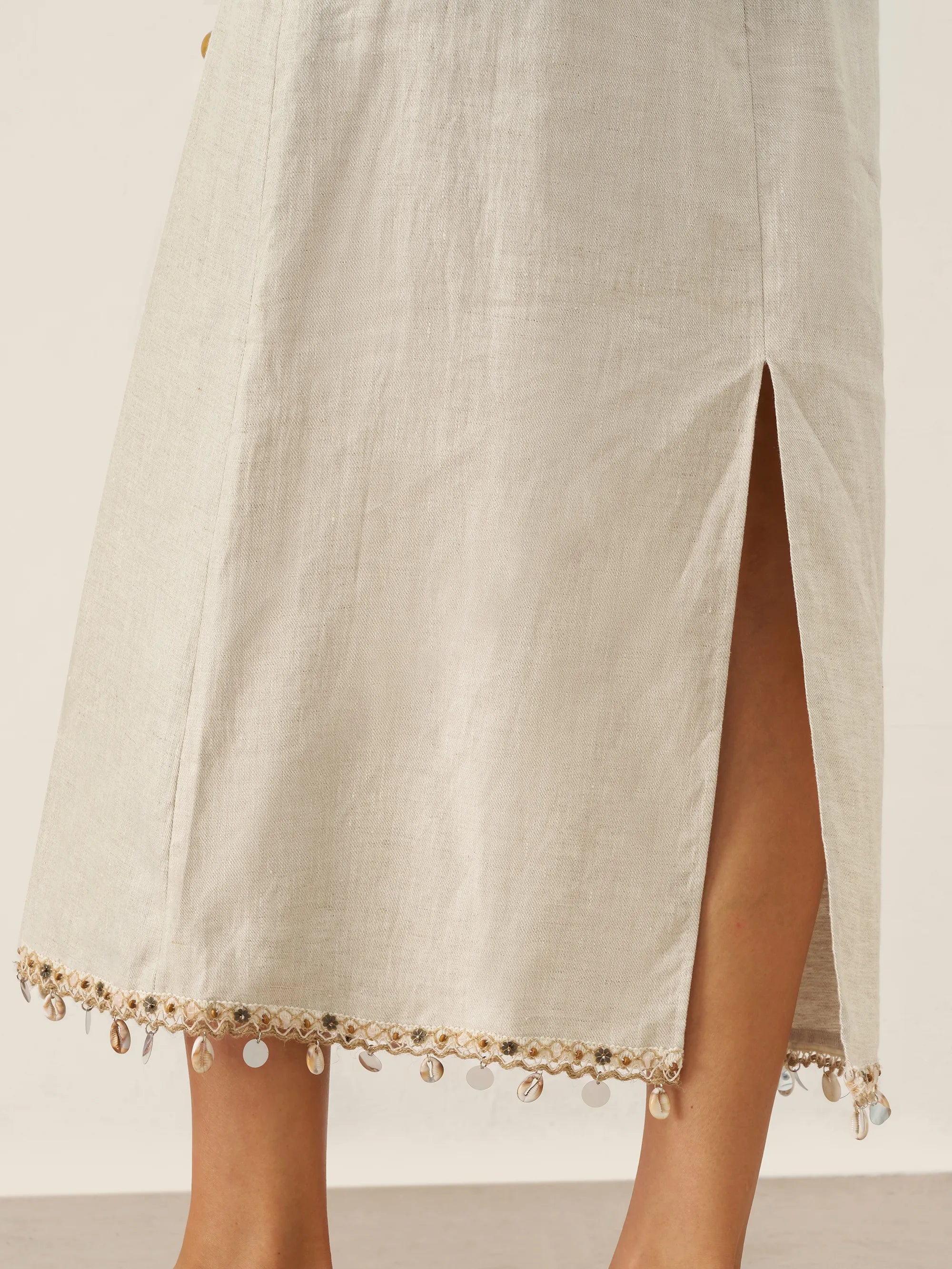 LINTICO 100% Linen Beaded Crew Neck Maxi Dress with Belt BELLA — comparison shot