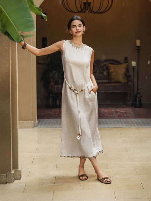 LINTICO 100% Linen Beaded Crew Neck Maxi Dress with Belt BELLA — construction detail
