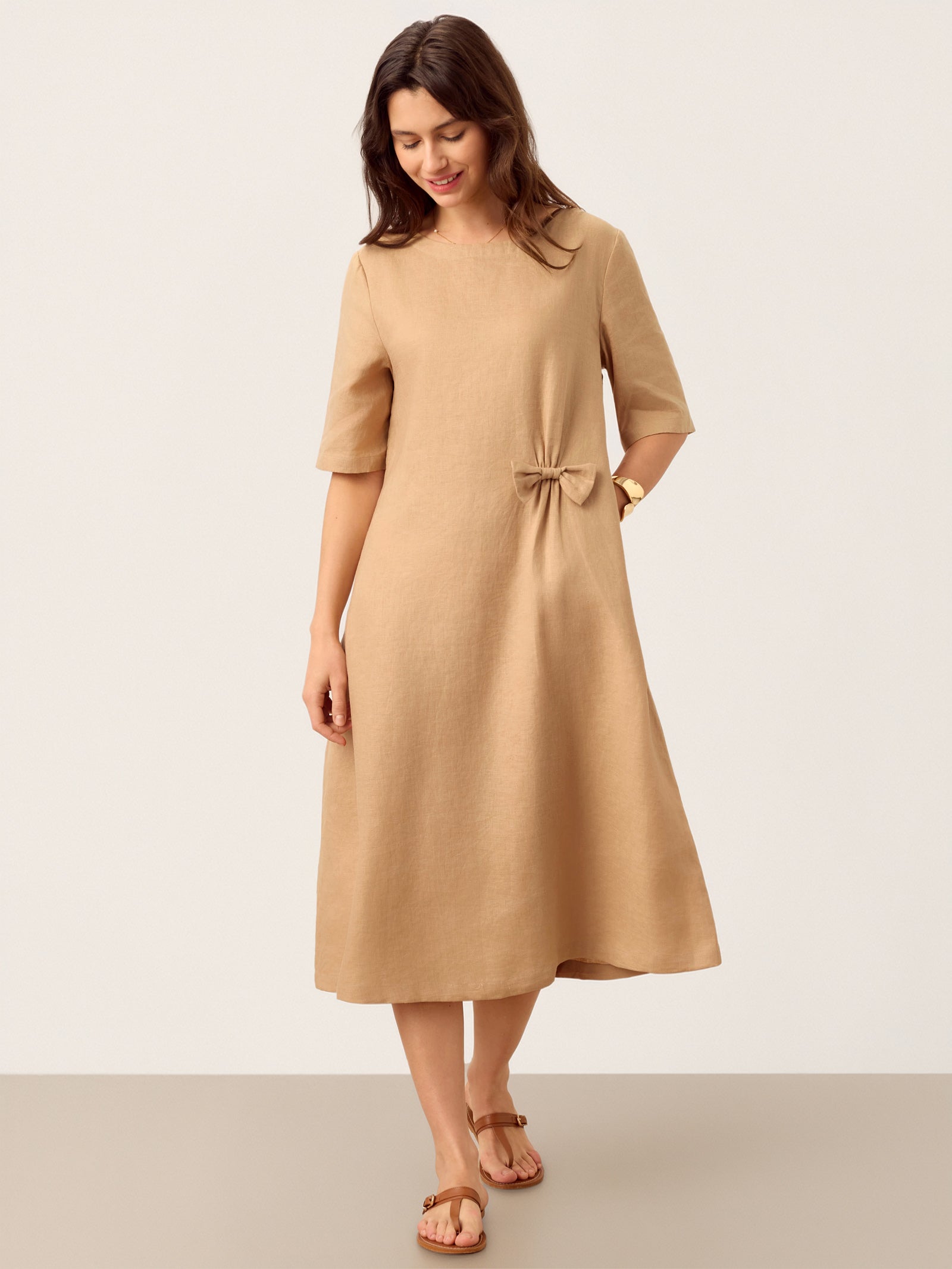 LINTICO 100% Linen Side-Gathered Bow Maxi Dress ESMERALDA — dresses-midi dresses-linen category context