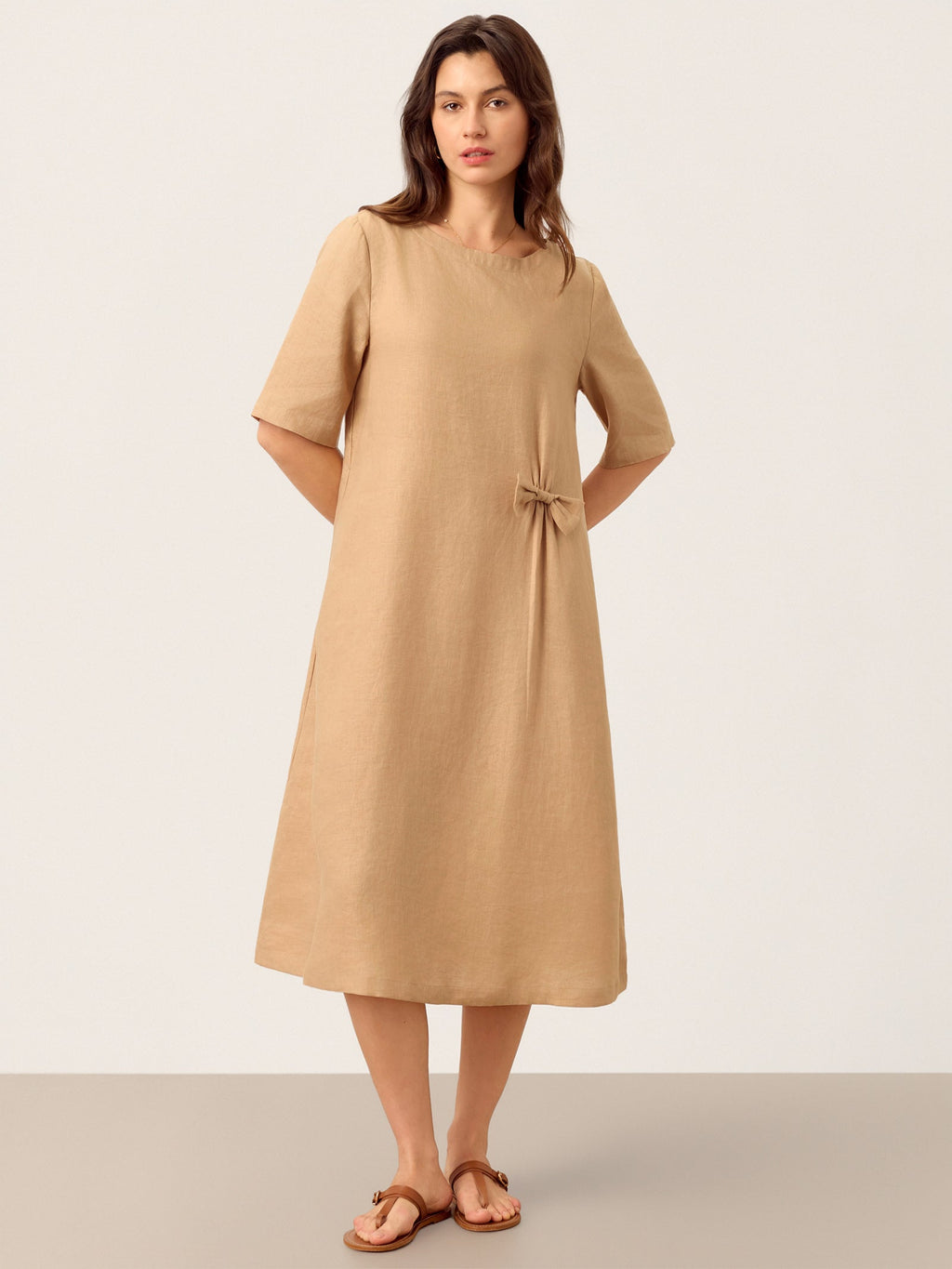 LINTICO 100% Linen Side-Gathered Bow Maxi Dress ESMERALDA — main product shot