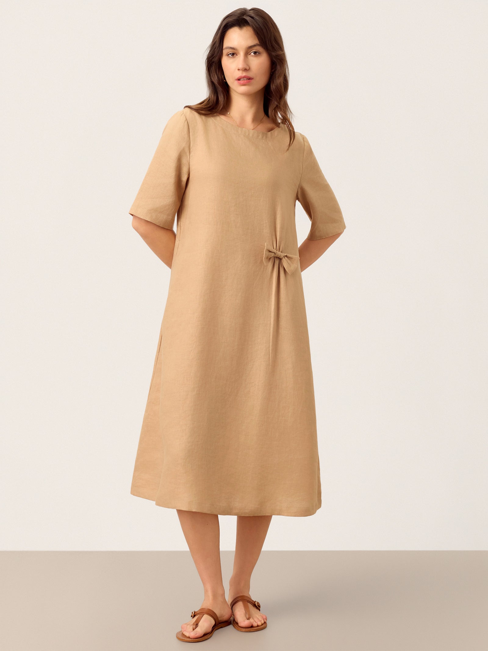 LINTICO 100% Linen Side-Gathered Bow Maxi Dress ESMERALDA — main product shot