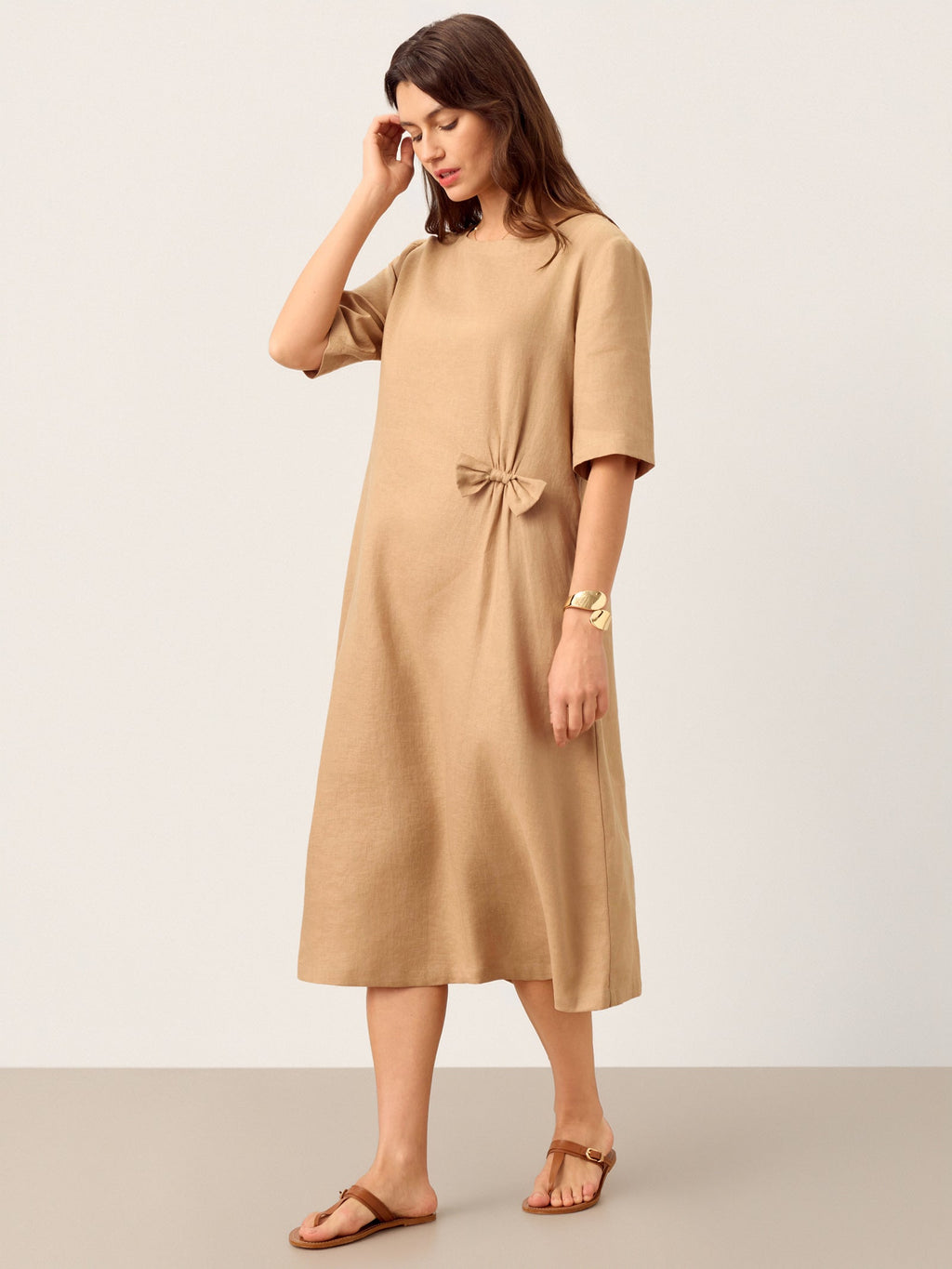 LINTICO 100% Linen Side-Gathered Bow Maxi Dress ESMERALDA — lifestyle worn / used context