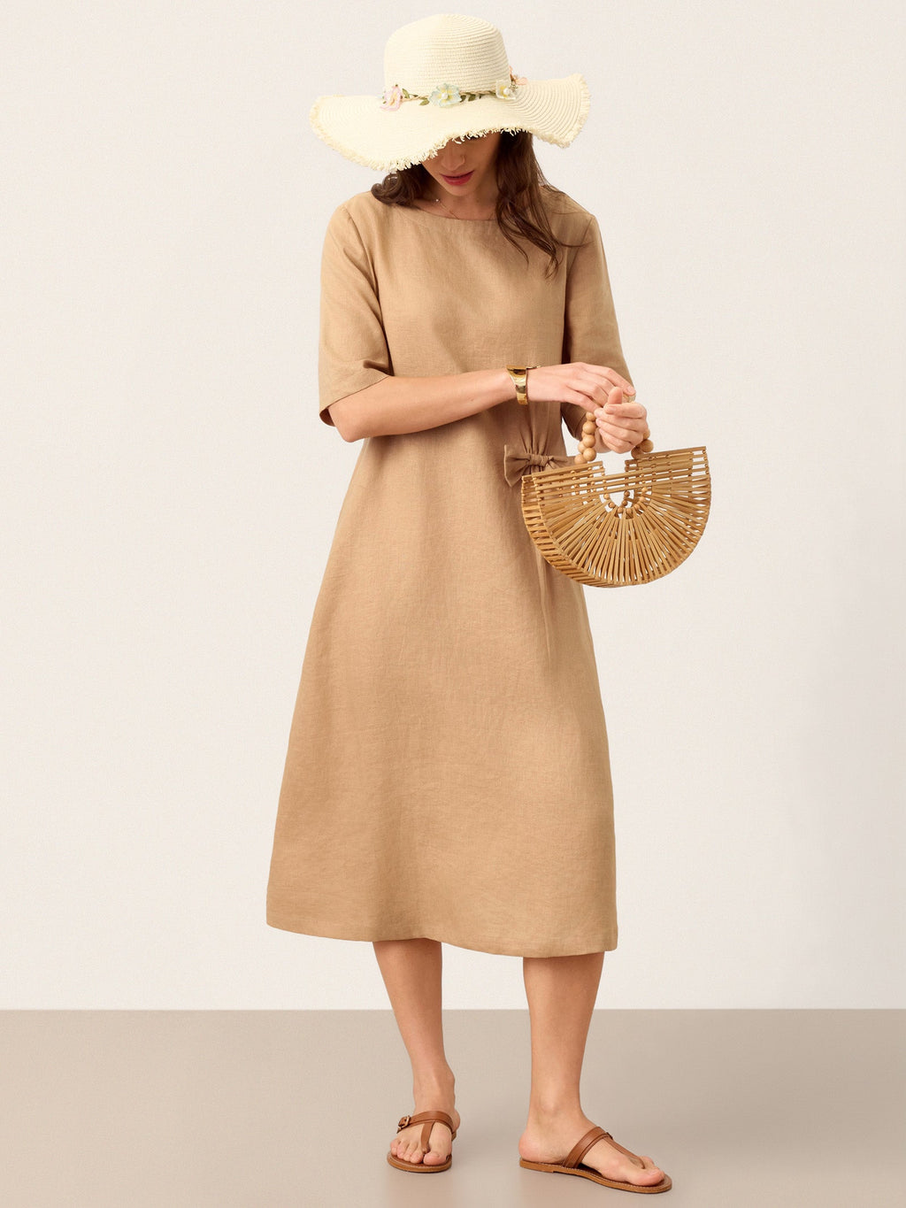 LINTICO 100% Linen Side-Gathered Bow Maxi Dress ESMERALDA — detail shot 9