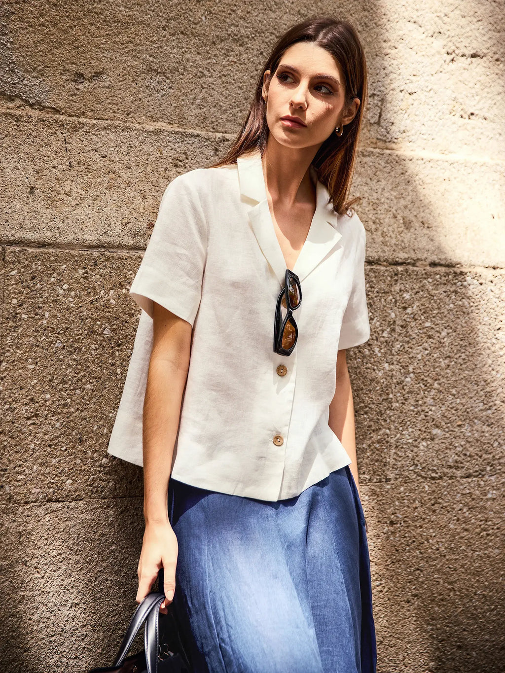 LINTICO 100% Linen Button-Up Short Sleeve Shirt ORENDA — Short Sleeve detail