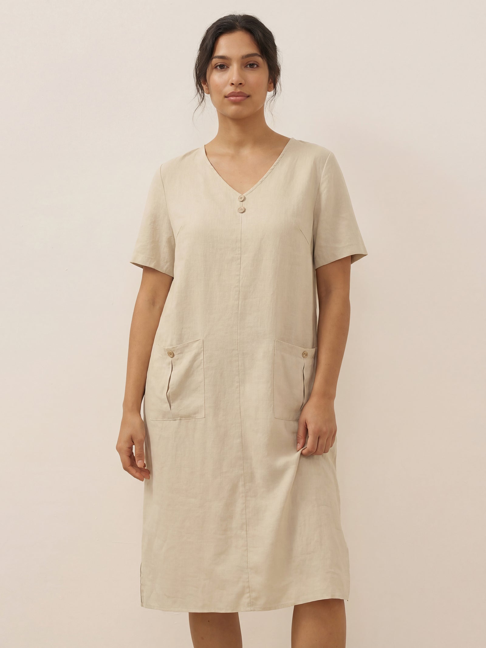 LINTICO LINTICO 100% Linen Button Front V-Neck Midi Dress NOA — dresses-midi dresses-linen category context