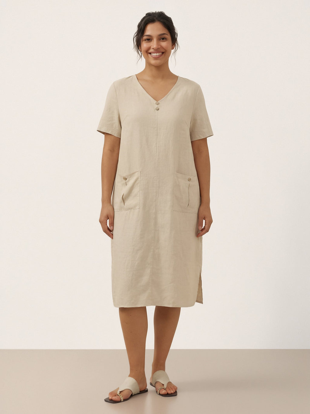 LINTICO LINTICO 100% Linen Button Front V-Neck Midi Dress NOA — main product shot
