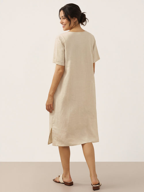 LINTICO LINTICO 100% Linen Button Front V-Neck Midi Dress NOA — construction detail