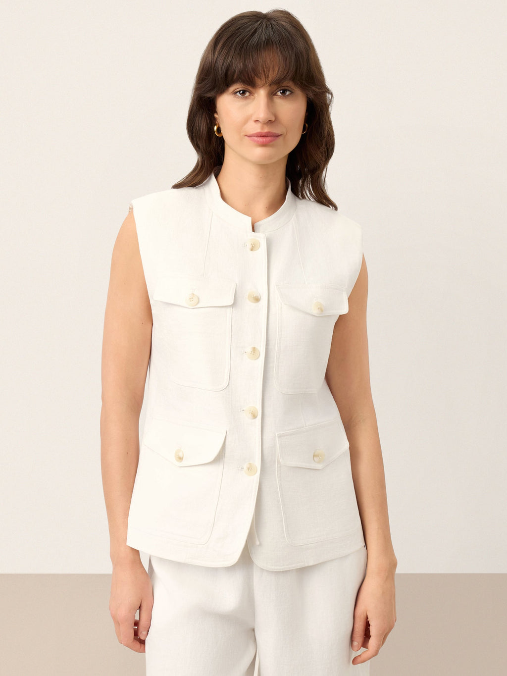 LINTICO 100% Linen Four-Pocket Tailored Sleeveless Vest COSIMA — main product shot