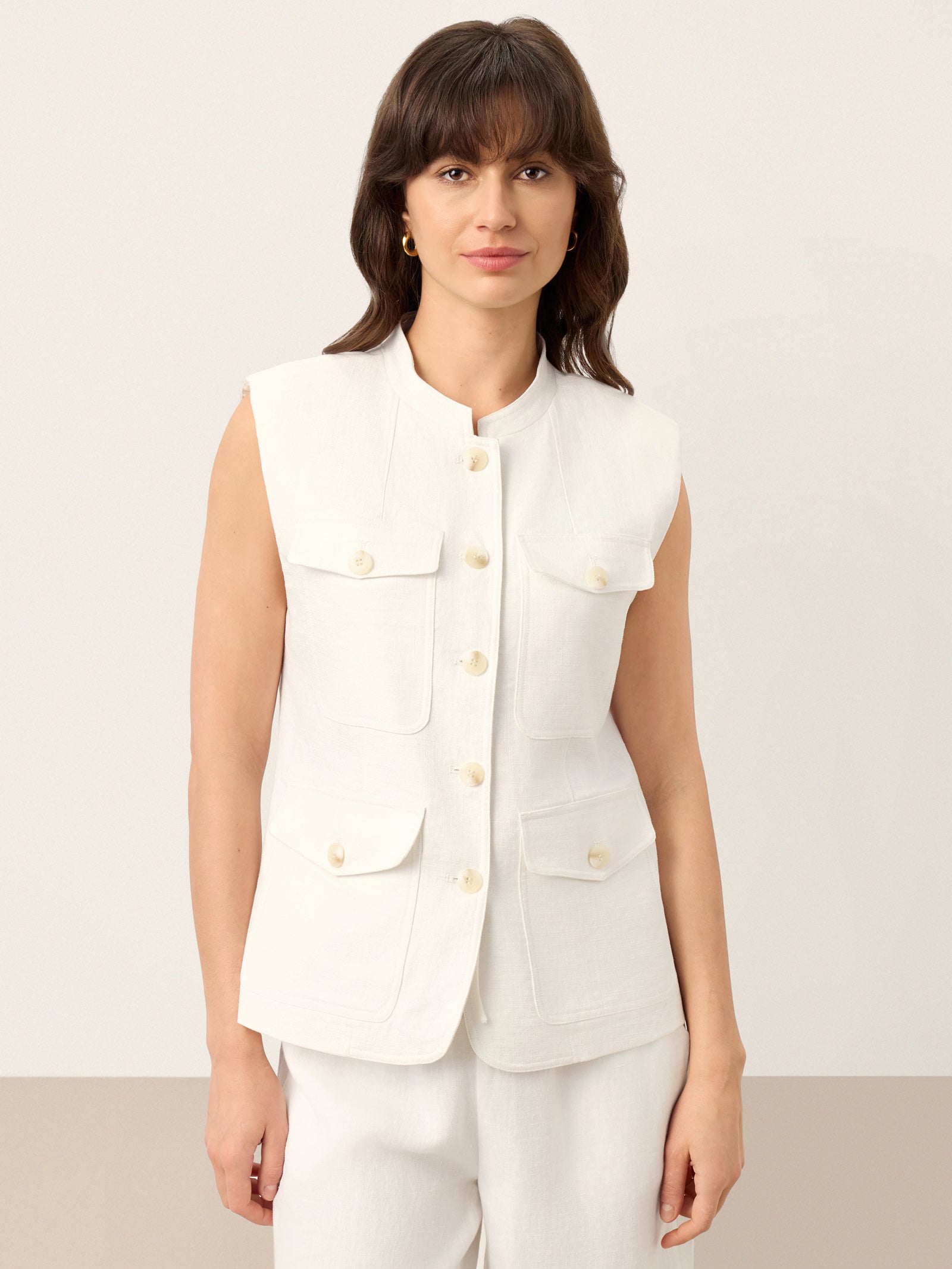 LINTICO 100% Linen Four-Pocket Tailored Sleeveless Vest COSIMA — main product shot