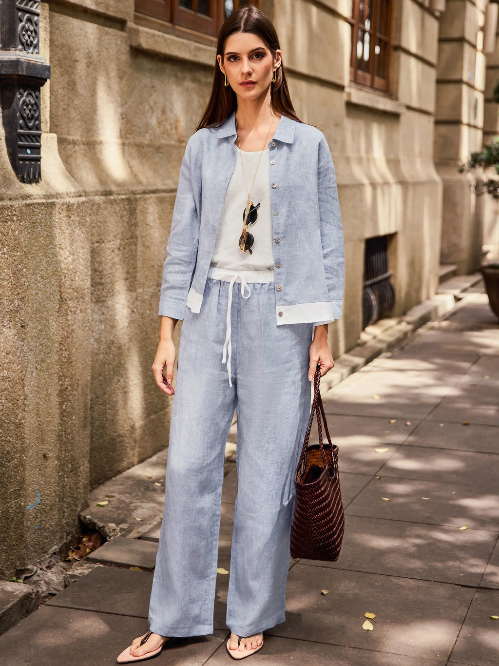 LINTICO 100% Linen Elastic Waist Straight-Leg Trousers JOURDAN — construction detail