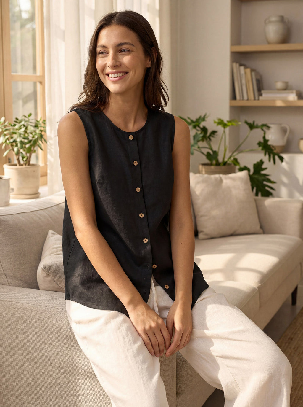 LINTICO 100% Linen Buttons Down Tank Top ERIN — construction detail