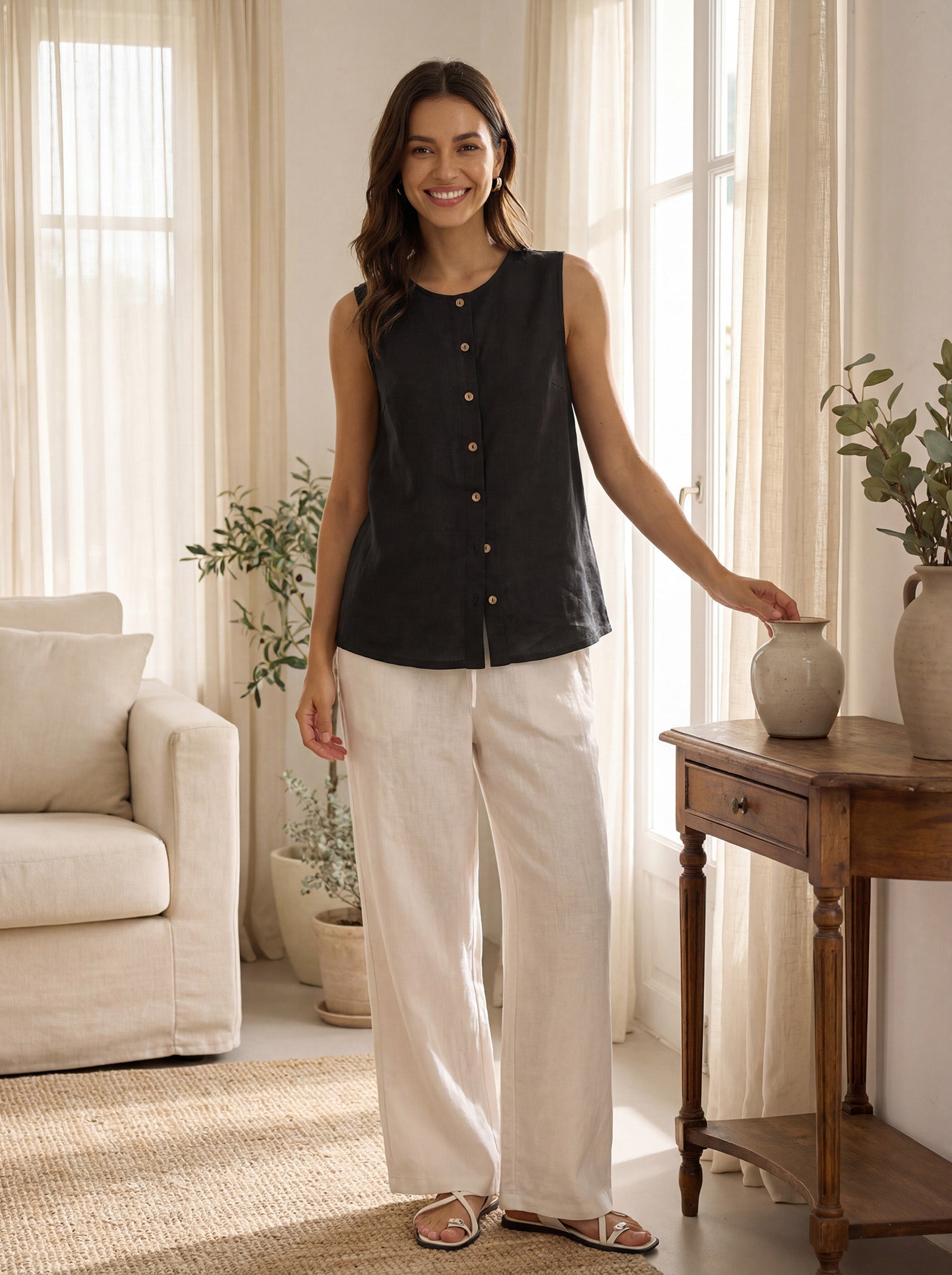 LINTICO 100% Linen Buttons Down Tank Top ERIN — fabric or material detail