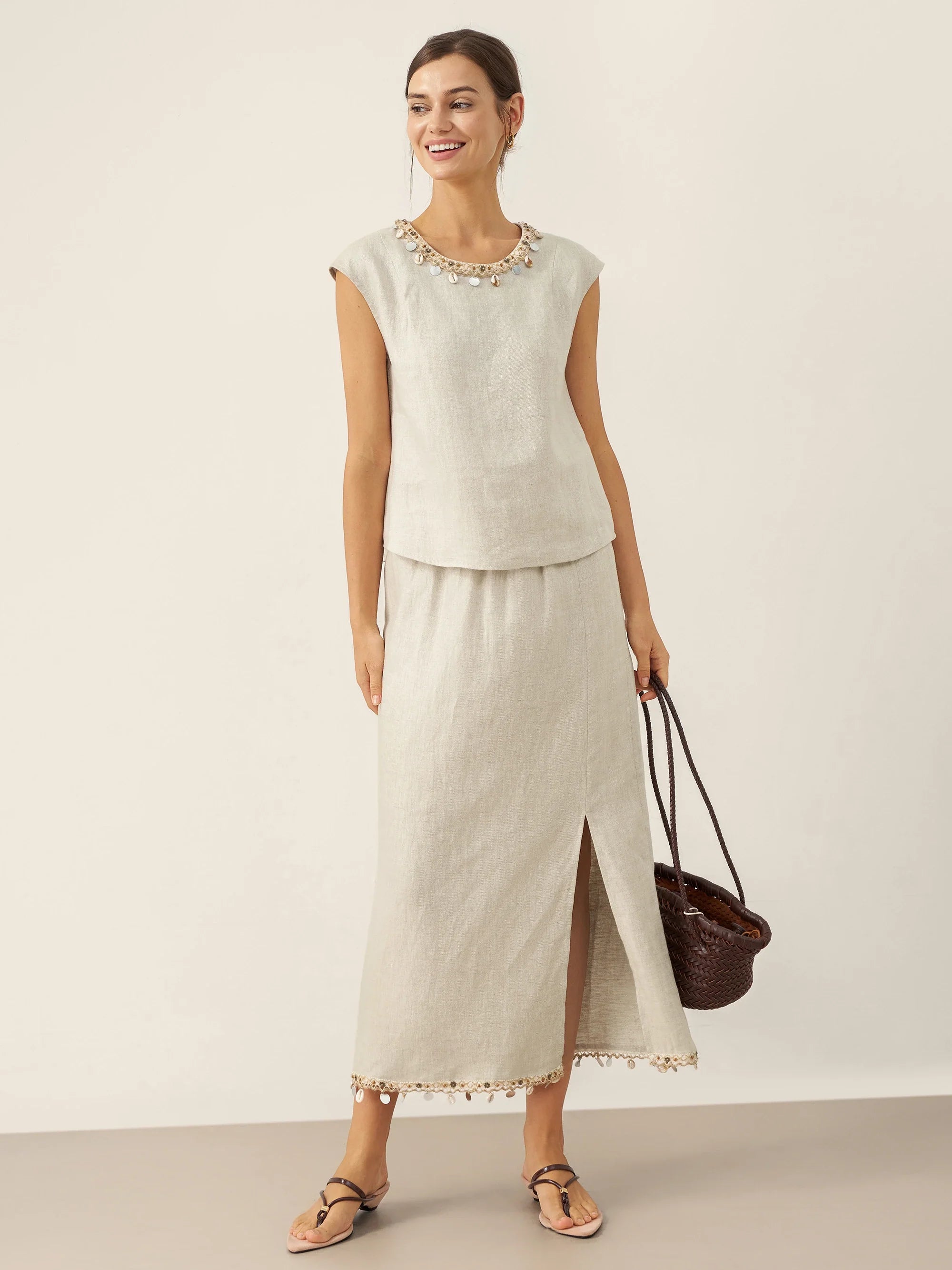 LINTICO LINTICO 100% Linen Cap Sleeve Beaded Top BIANCA — detail shot 8