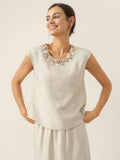 LINTICO LINTICO 100% Linen Cap Sleeve Beaded Top BIANCA — main product shot